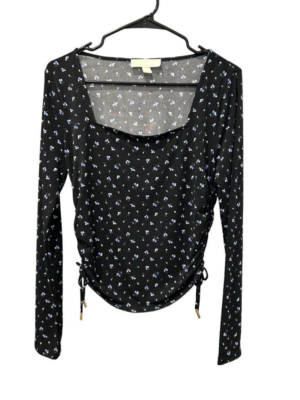 Michael Kors Womens Black Long Sleeve Floral Ruched Top Size M